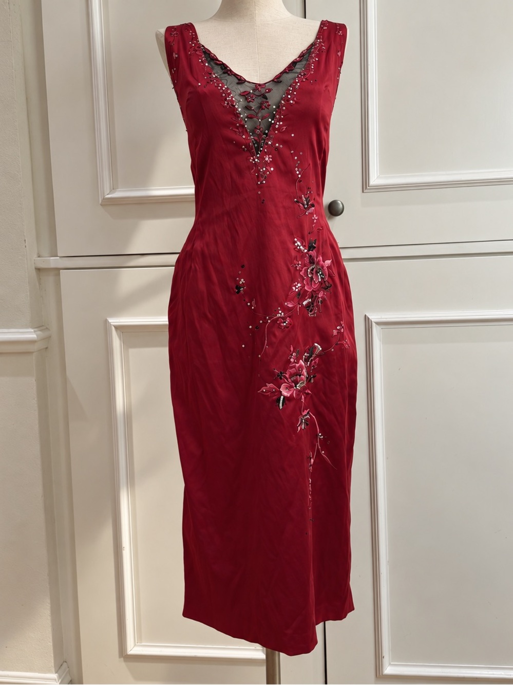 Vintage Mandalay Beaded Red Silk Dress - Size 8